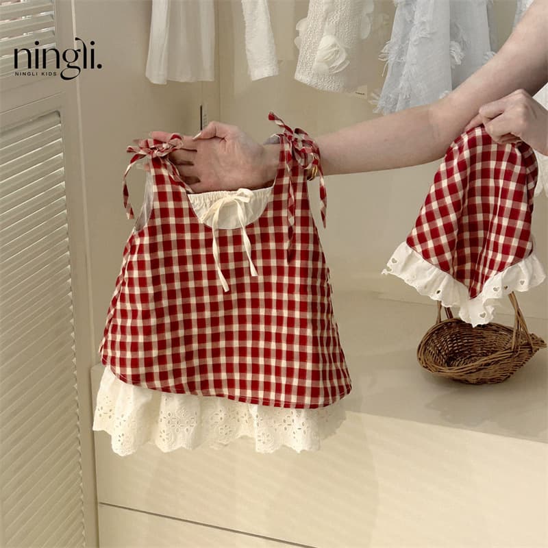 Ningli Children's Clothing Girls Red Plaid Faux Two-Piece Dress 2026 Summer Baby Vest Dress Korean Style