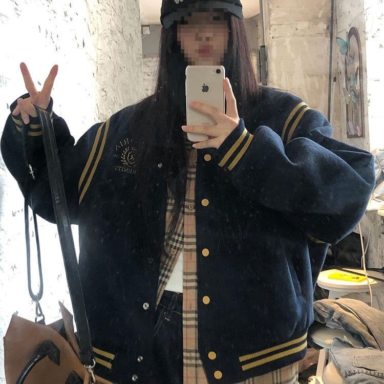 Academic style American retro baseball jacket women's spring and autumn versatile loose embroidered couple woolen jacket top