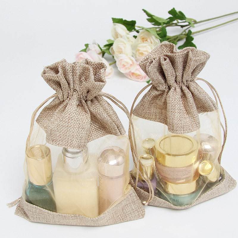Factory Wholesale Gift Jewelry Burlap Bag, One-Side Window Burlap Packaging Shopping Bag, Drawstring Burlap Storage Bag