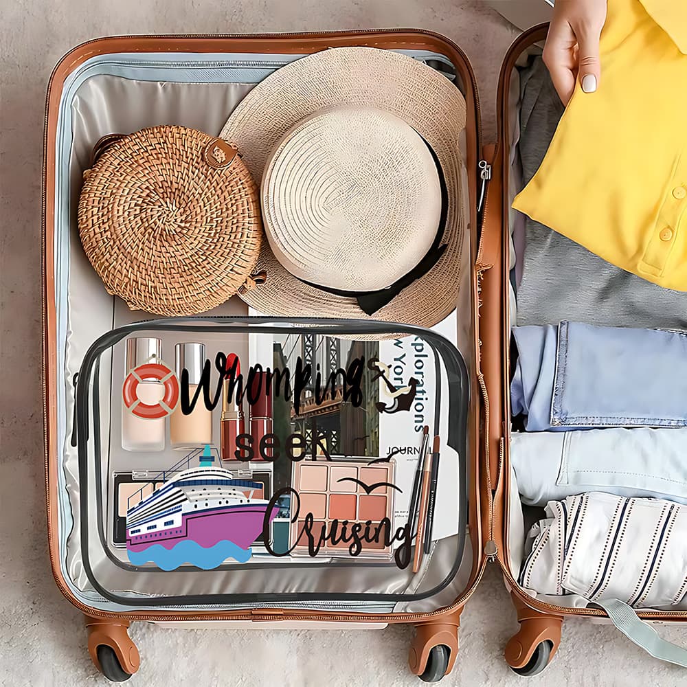 Transparent cosmetic bag for beach vacation, sunglasses printed waterproof toiletry bag, summer travel storage bag in stock