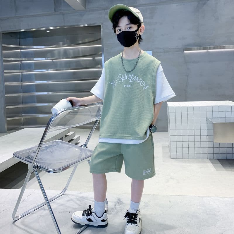 Boys Summer Suit Set 2024 New Style, Children's Short Sleeve Handsome Internet Celebrity Trendy Summer Two-Piece Set Clothes