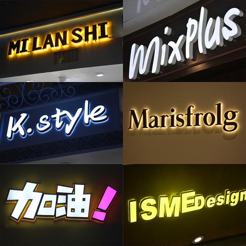 Storefront signs acrylic illuminated characters, metal backlit LED light signs, outdoor 3D advertising signs, letter light boxes.