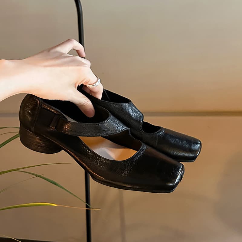 Studiolee Premium Horse Leather Square-Toe Chunky Heel Soft Leather Shoes for Women Autumn Style