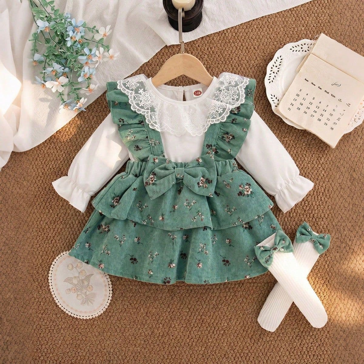 INS Style Spring/Autumn Lace Collar Puff Sleeve Top Floral Print Bow Strap Dress + Socks 3-Piece Set