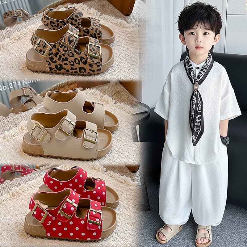 Summer New Children's Sandals for Girls, Soft-Soled Retro Polka Dot Beach Shoes for Boys, Non-Slip, Breathable, Fashionable for Older Children