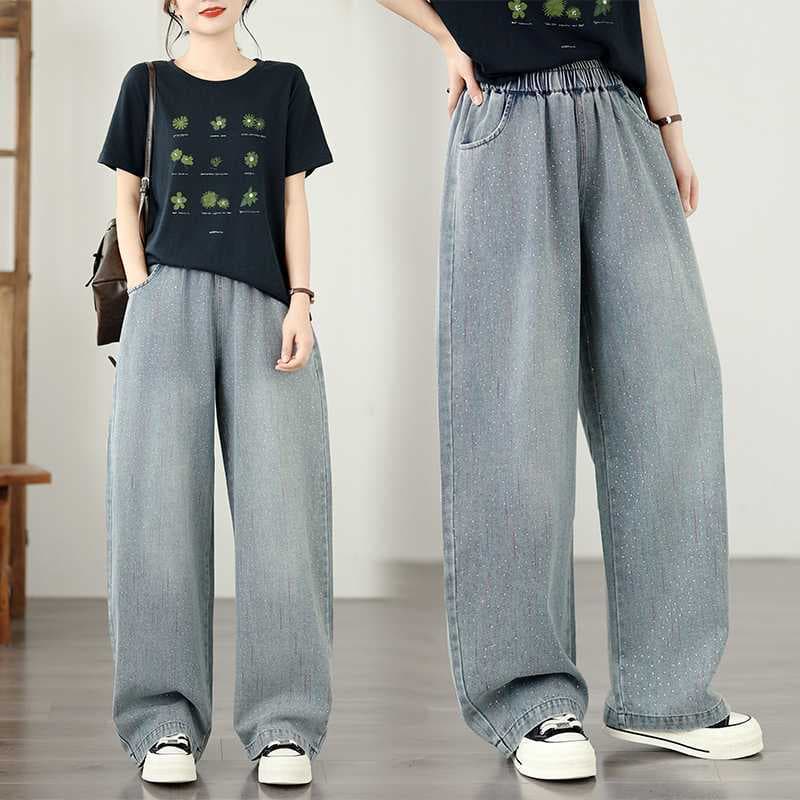 Real Shot of Plus-Size Denim Wide-Leg Pants, New Style with Rhinestones, Elastic Waist, Loose Fit, Slimming, Casual Versatile Denim Straight Wide-Leg Pants