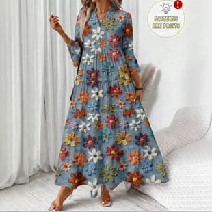 Plus Size Colorful Floral Print Maxi Dress, Three-Quarter Sleeve Loose Fit Plus Size Dress for Cross-Border Independent Site