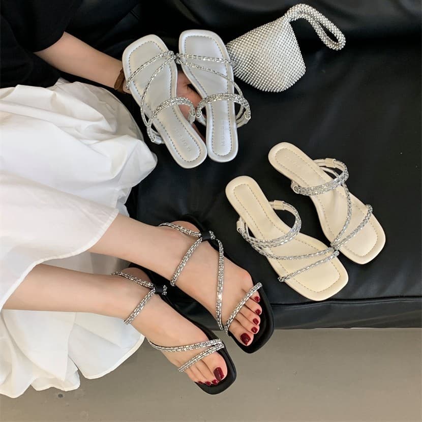 Chunky Heel Fashion Sandals Women 2025 Summer New Open Toe High Heel Slippers Rhinestone Elegant Versatile One-Strap Trend