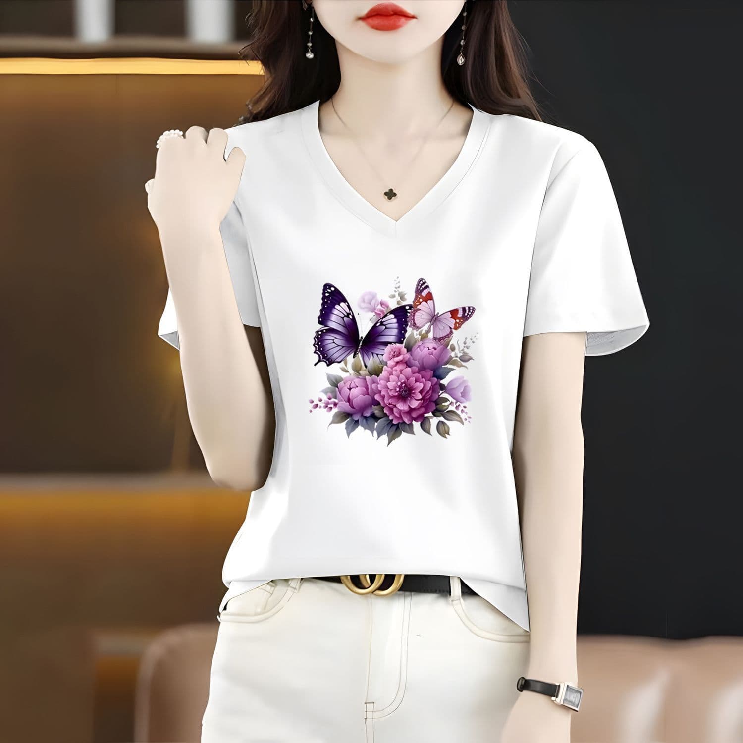 Regular Shoulder V-Neck Short Sleeve T-Shirt for Women 2026 Summer New Mom Style Casual Fashionable Age-Defying Slimming V-Neck Top