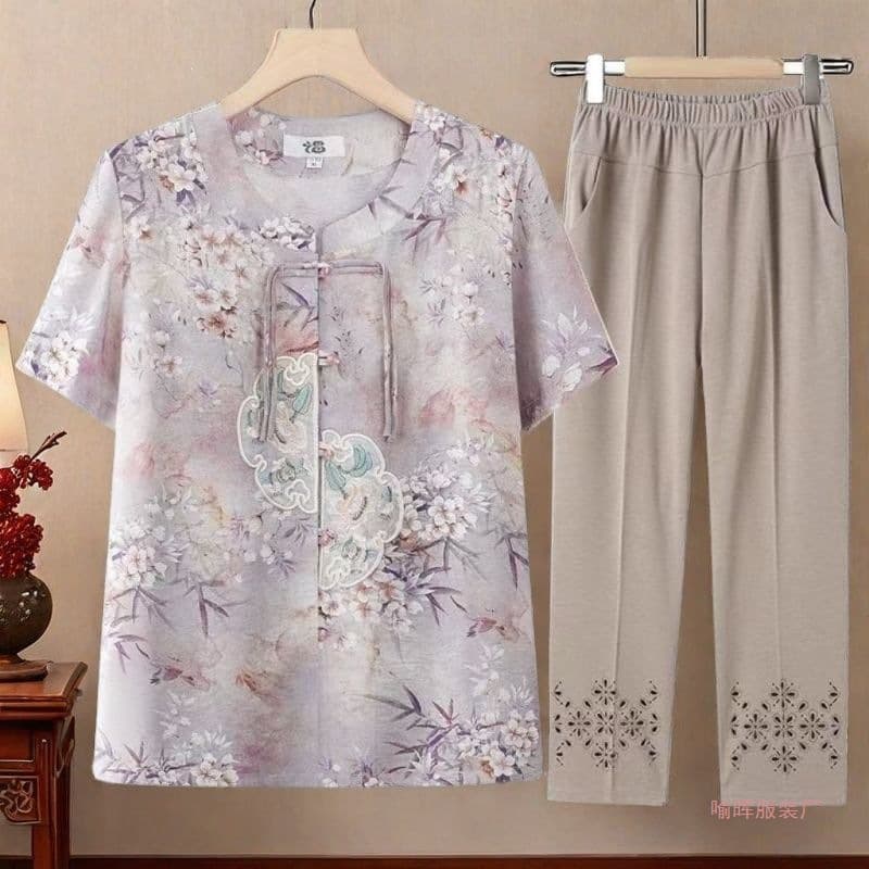 Summer Mother Set, Chinese Style Women's Clothing for Middle-aged and Elderly, Grandma Blouse Short Sleeve Top