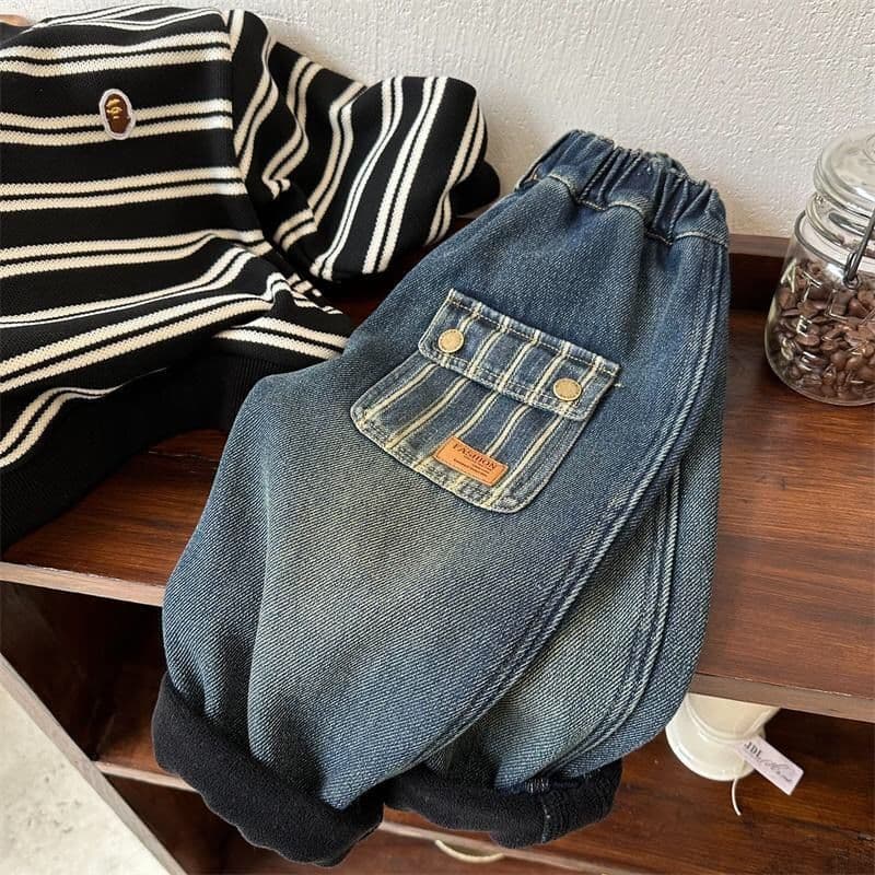 Boys' Korean Style Versatile Integrated Fleece Jeans, Winter Fleece-Lined Pants New Children's Autumn/Winter Thin Fleece Long Trousers