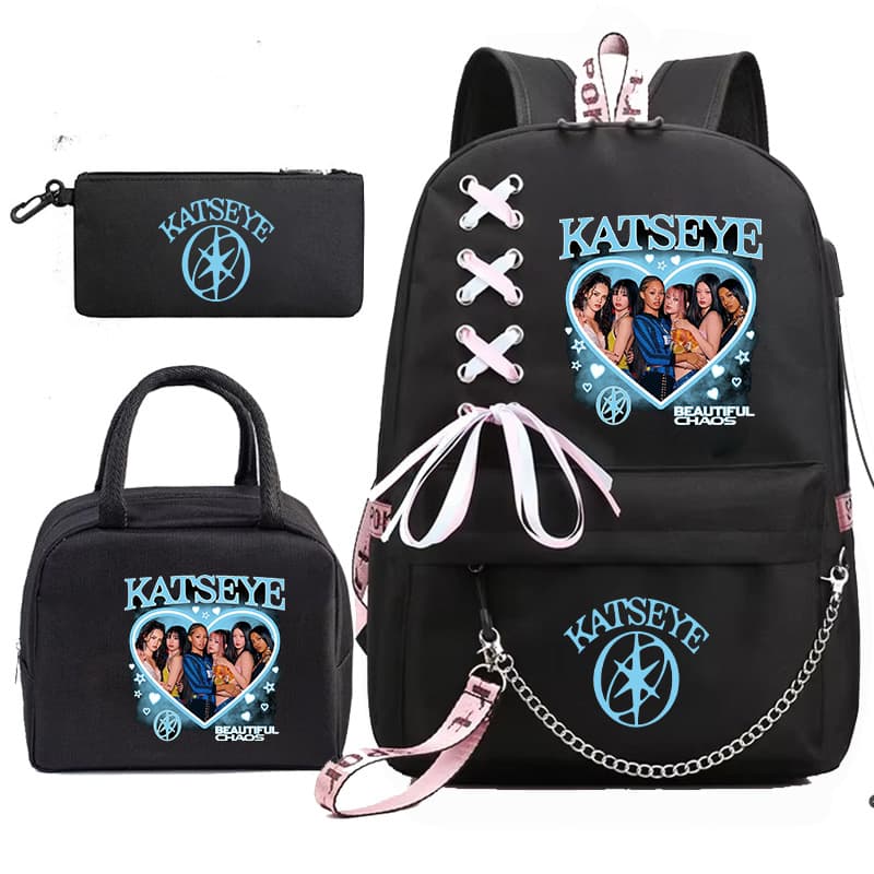 Katseye K-pop Girl Group Heart Print 3-Piece Backpack Set Color Block Student Backpack Set 60707