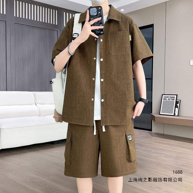 Summer Thin Men's Suit Shirt Bubble Shirt Teenager Turn-down Collar Half Sleeve Men's T-shirt Short Sleeve Set