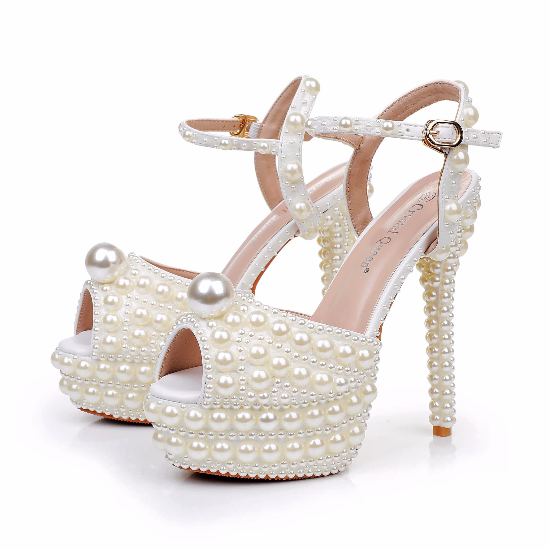 14cm High Heel Sandals Beige Pearl Peep Toe Stiletto Heel Platform Wedding Dress Sandals for Bride