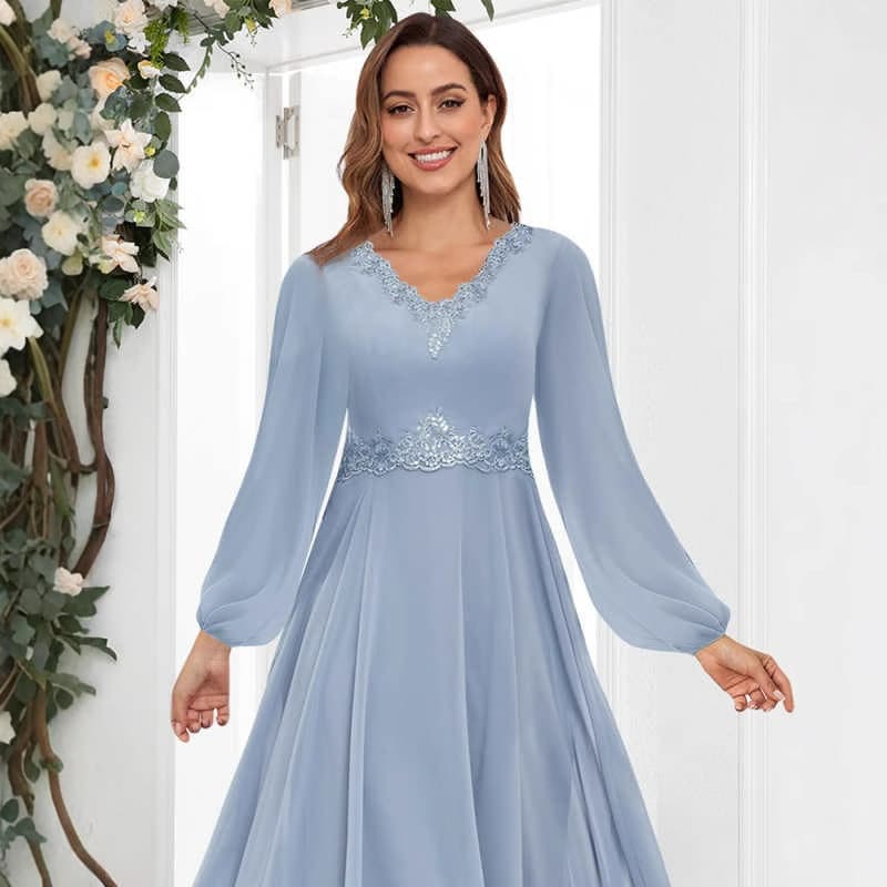 2026 New Cross-Border European and American Women's Long-Sleeved Dress V-Neck Banquet Elegant Chiffon Patchwork Evening Gown Long