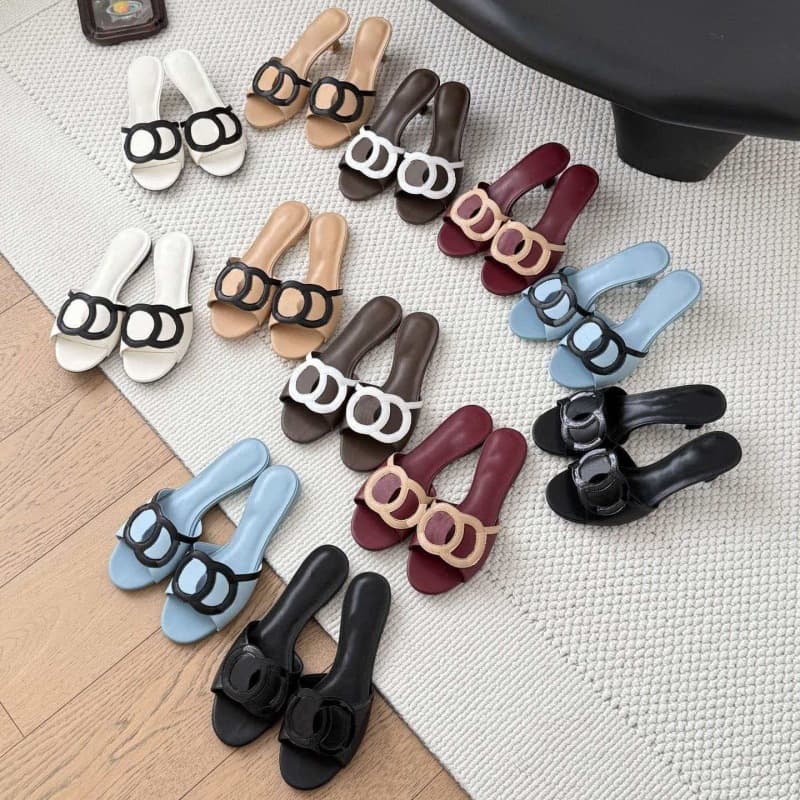 High-top Two-tone Black and White Round-toe Flat Slide Sandals for Women 2026 Summer New Open-toe Kitten Heel Slippers