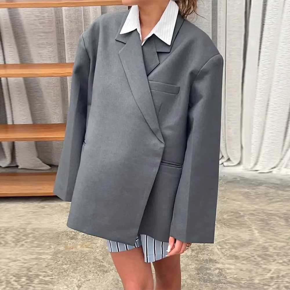 European and American cross-border spring and autumn new loose casual solid color lapel side slit small suit commuter jacket top for women