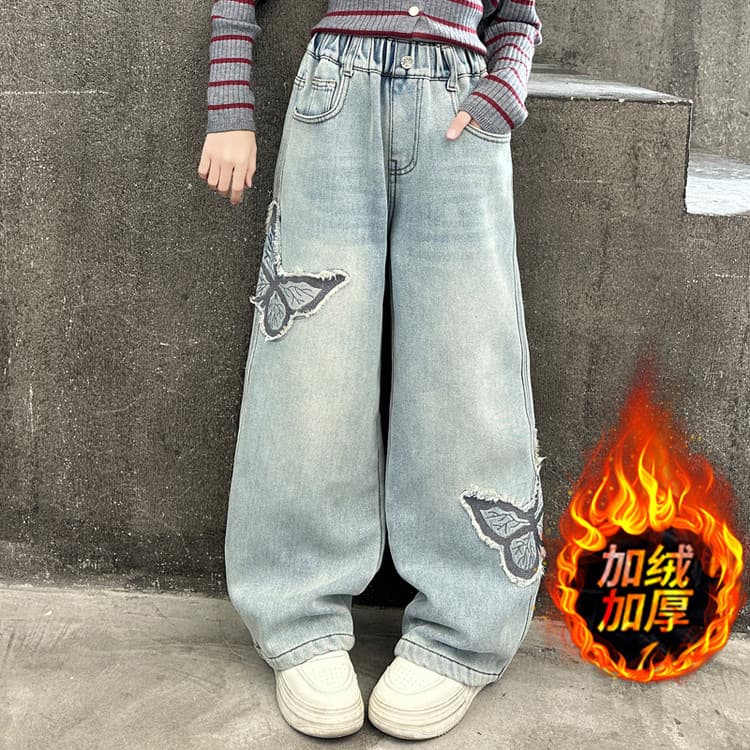 New Autumn/Winter Fleece-Lined Thick Denim Wide-Leg Pants for Girls 3-12 Years, Butterfly Patch Straight-Leg Long Pants