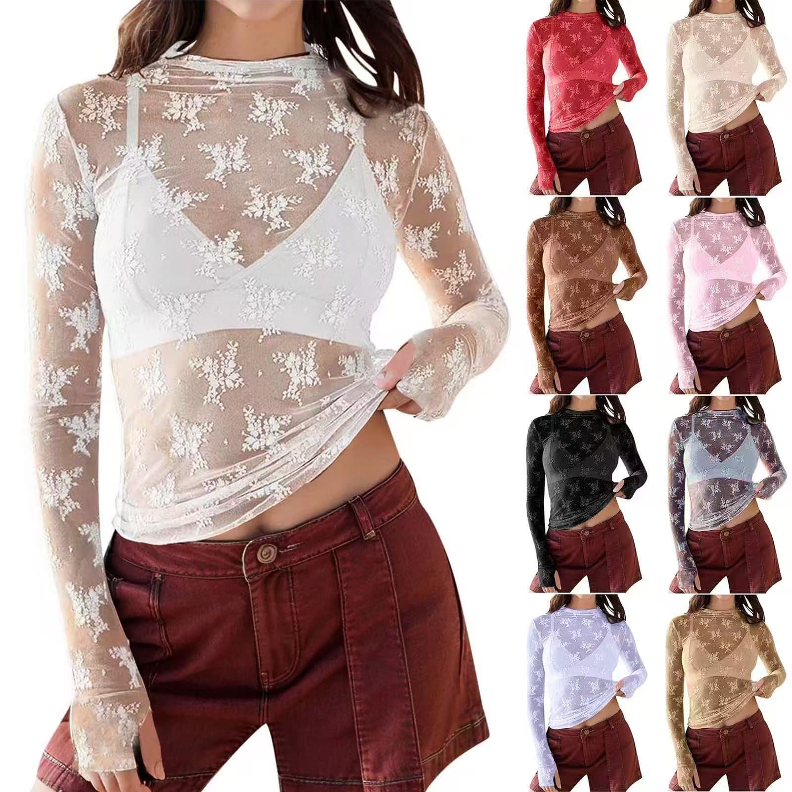 2025 Hot Selling Amazon Cross-border Sheer Lace Top Mesh Multi-color Base Layer Sexy Hot Girl Trendy T-Shirt