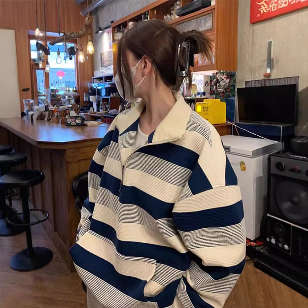 American Retro Half-Zip Patterned Sweatshirt for Women, Spring/Autumn Thin Style, Oversize Loose Long-Sleeve Top Coat, European Import