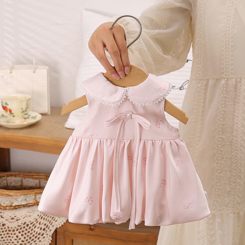 Niche Design Pink Satin Princess Dress for Baby Girls, Summer Breathable Infant 100-Day & First Birthday Gown with Pearl Embellishments