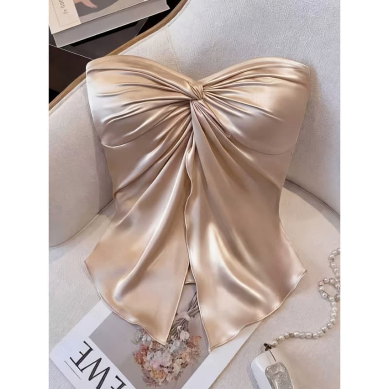 Women's Summer New Fashion Elegant Solid Satin Twist Design Strapless Tube Top Suitable for Dating