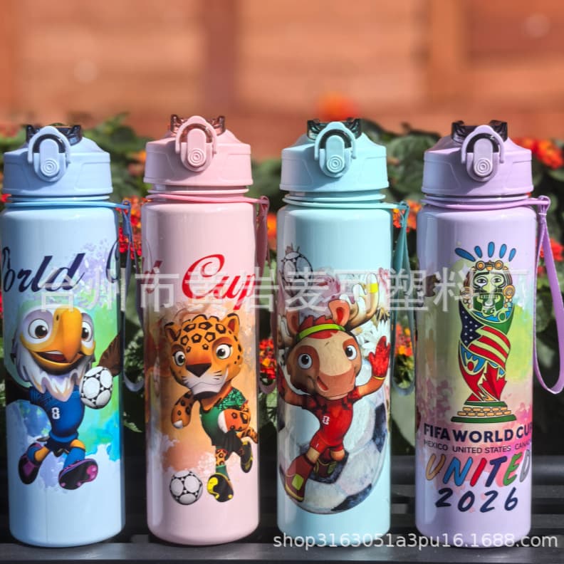 Amazon World Cup Pattern Medium Cup Cute Water Bottle Cartoon Straw Cup Pop-up Rope Sports Fitness