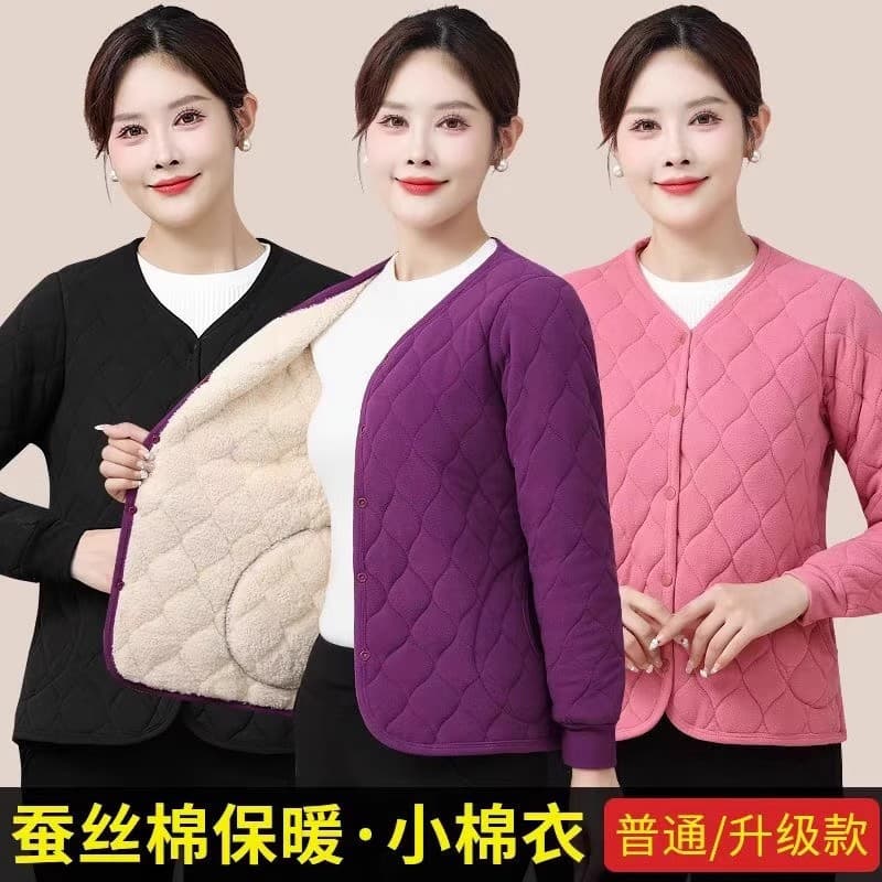 German-style fleece-lined, thickened winter coat for middle-aged and elderly women, collarless, warm cotton-padded clothing for mothers.