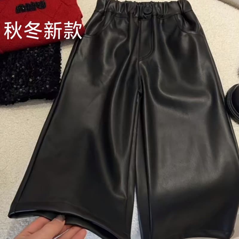 New Girls PU Leather Wide Leg Pants, Black Leather Pants for Older Children, Mid-High Waist Long Pants for Girls Casual
