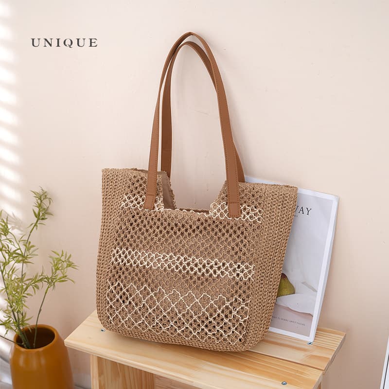New Ins Paper Rope Woven Bag Fashion Versatile Hollow Underarm Bag Casual Straw Woven Beach Bag Shoulder Bag for Women