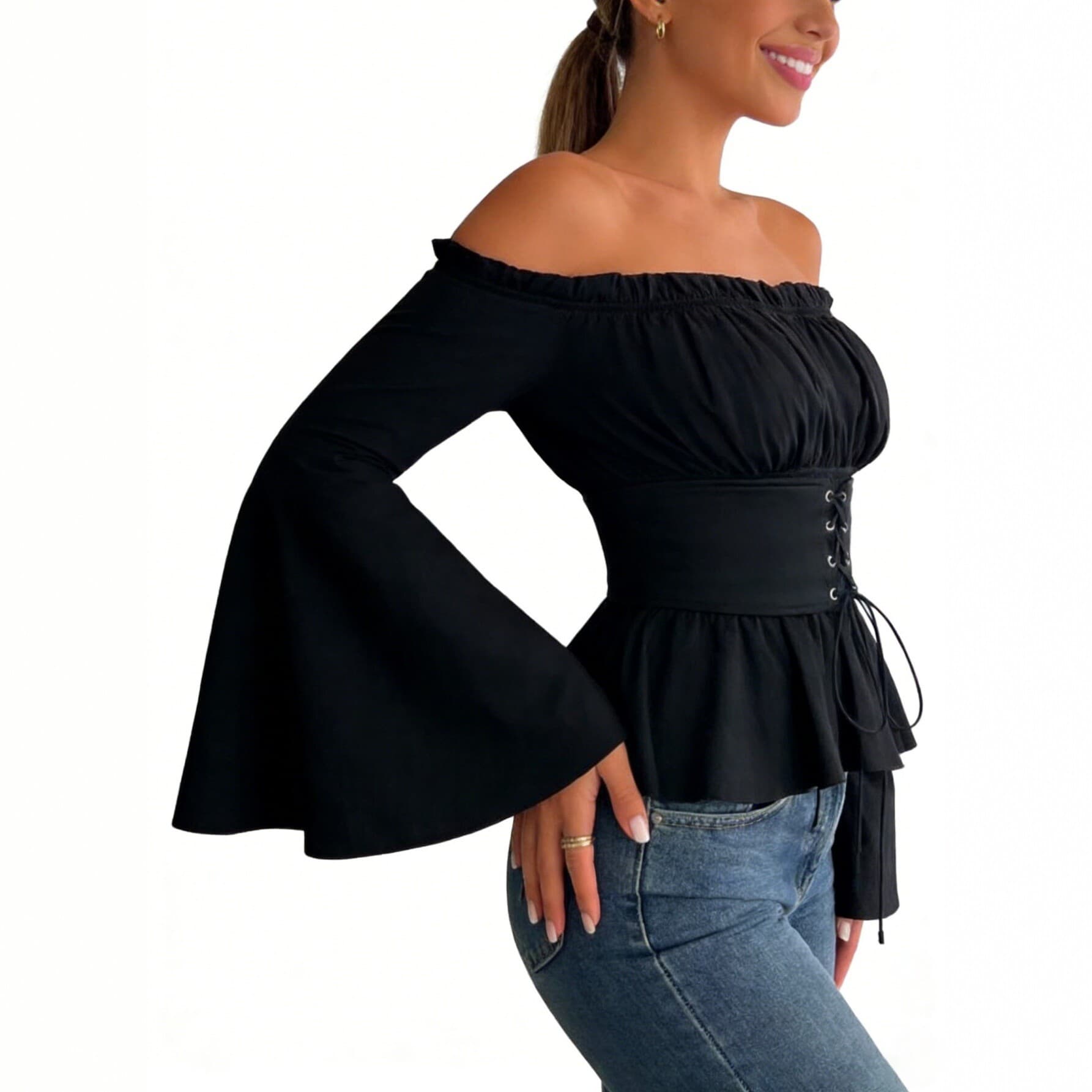 2026 New European and American Style Off-Shoulder Long Sleeve Ruffled Tie-Front Slim Fit Women's T-Shirt Fashionable Slimming Top