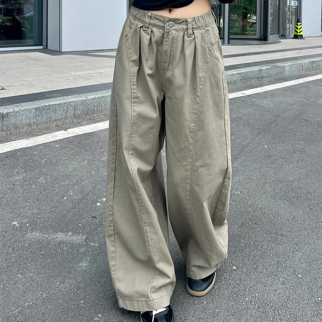 Washed Cotton Casual Wide-Leg Pants for Women, Summer High-Waisted Lazy Style Workwear, Petite Loose Drapey Floor-Length Curved Pants