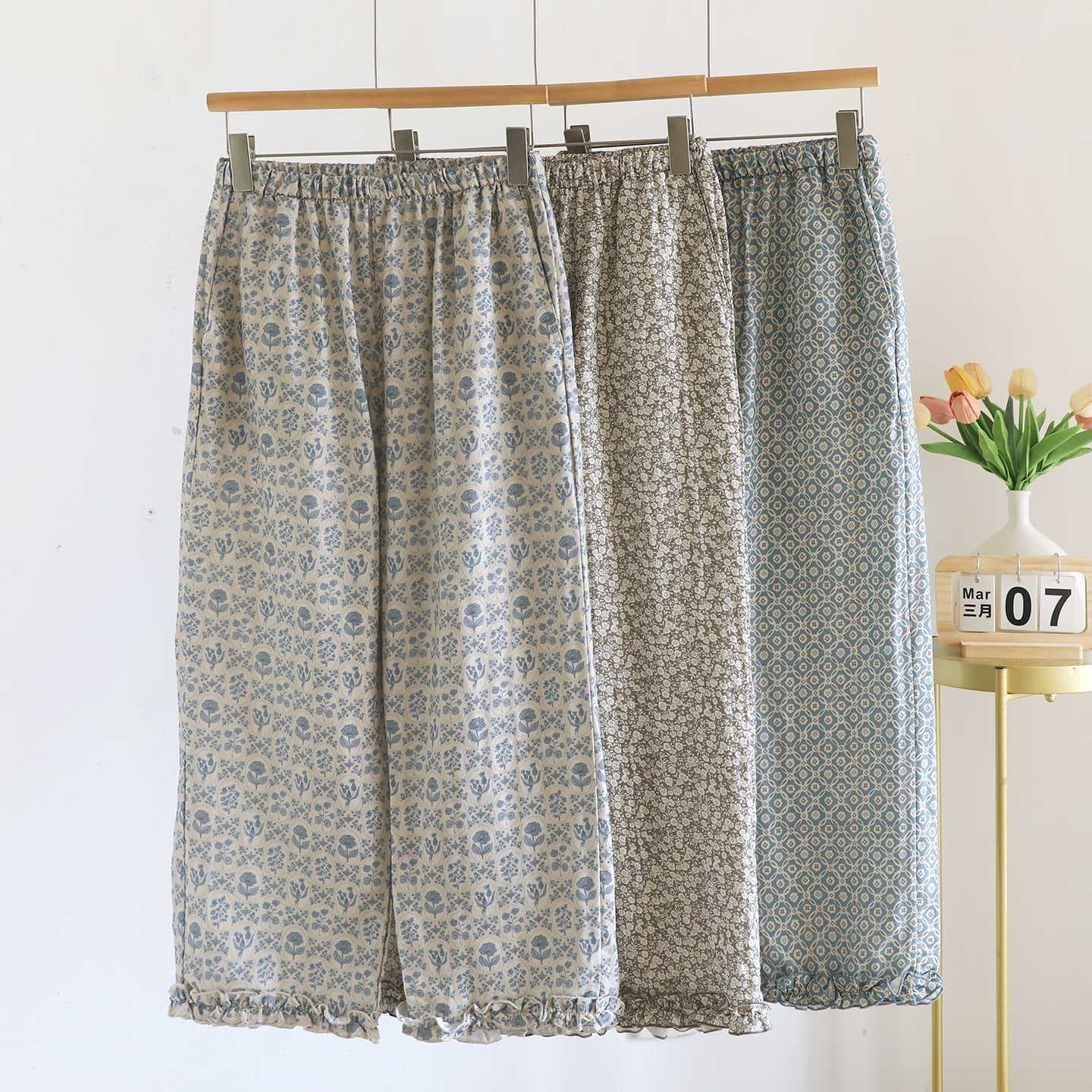 Summer New Style All-Cotton Sleep Pants for Women with Ruffled Edges, Double-Layer Gauze Long Pants That Can Be Worn Outside for Walking or as Home Pants