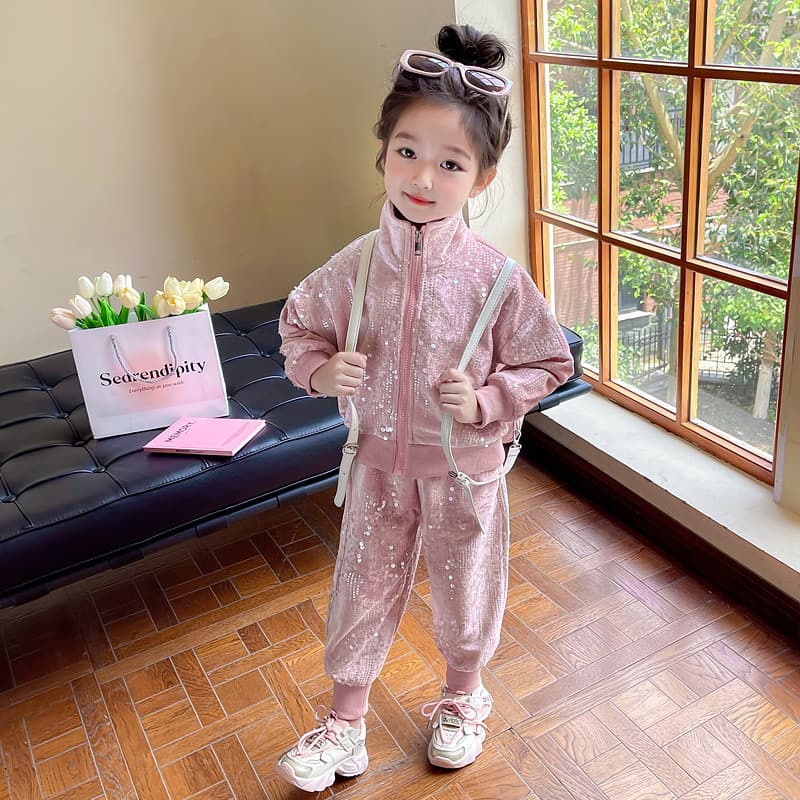 Girls' Fashionable Sequin Set Spring Autumn Casual Two-Piece Cardigan Outfit for Toddler Girls