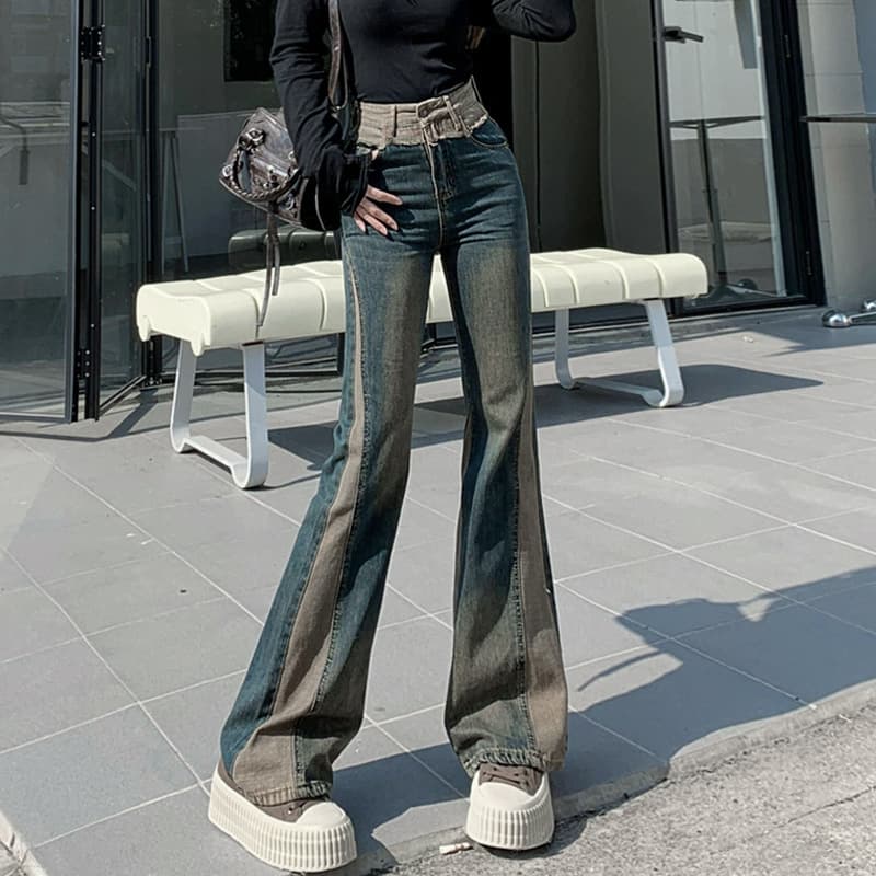 Denim bootcut trousers for women, contrasting colors, high waisted, loose, slim fit, spliced design, horseshoe trousers, straight-leg American flared trousers