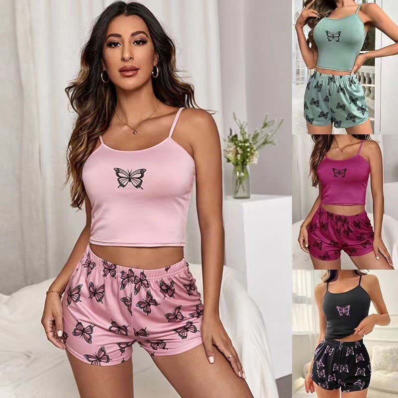 European and American Cross-Border Hot Summer Camisole and Shorts Pajama Set for Women, Soft Flowing Butterfly Print Sexy Loungewear