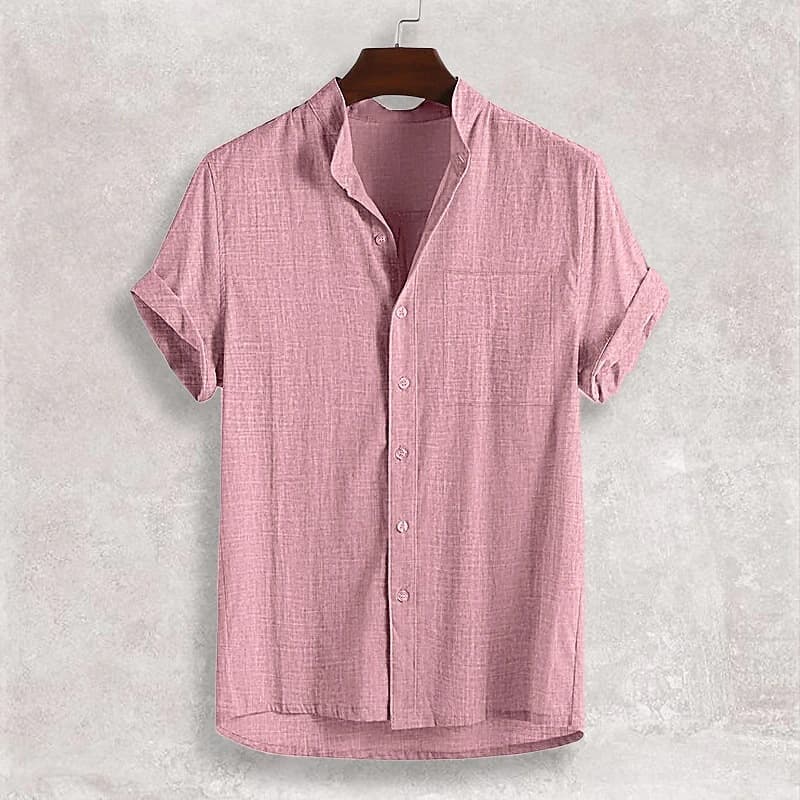 Cross-border AliExpress EU Size Men's Linen Notch Lapel Short Sleeve Solid Color Casual Cardigan Foreign Trade Men's Cotton Linen Shirt