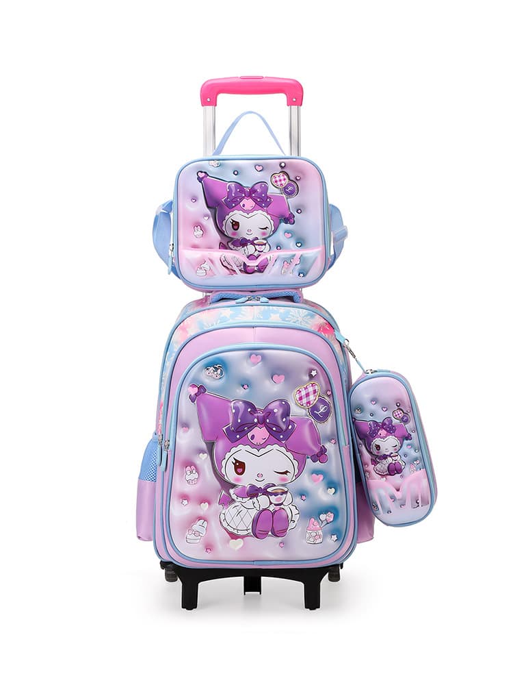 New 3D Leather and Nylon Fabric 3-Piece Trolley Backpack for Elementary Students, Large Capacity, Portable, Factory Stock