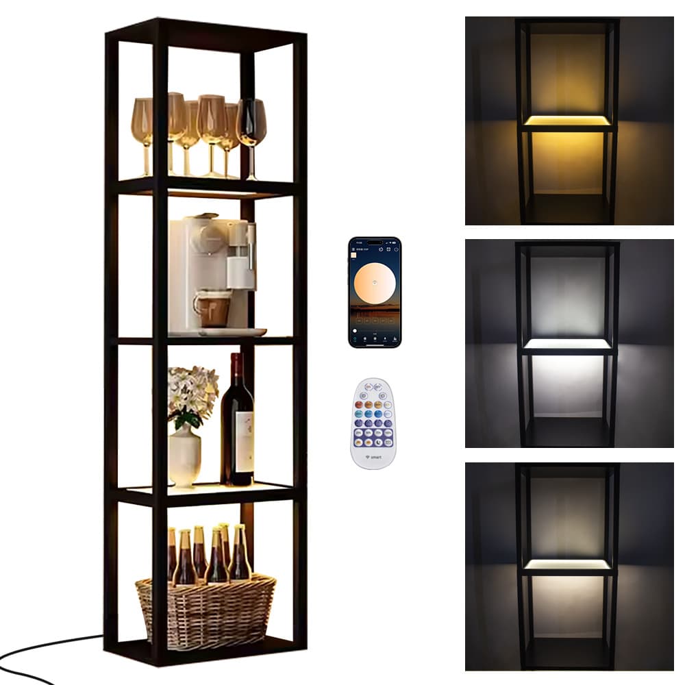Hot-selling Wood Frame Glass Floor Lamp with Shelves, Remote Control Storage Rack, Bookshelf, Display Shelf, Lighted Cabinet