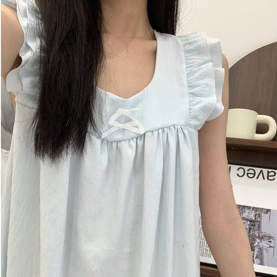Little Flying Sleeve Suspender Cloud Cotton Nightgown Women's Summer Princess Bow Loose Mid-Length Dress Home Clothes