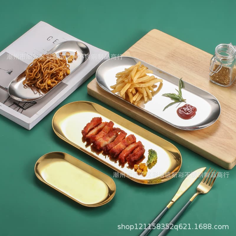 Stainless Steel Oval Korean BBQ Plate Gold Craft Tray Jewelry Storage Tray Fruit Plate Dessert Plate