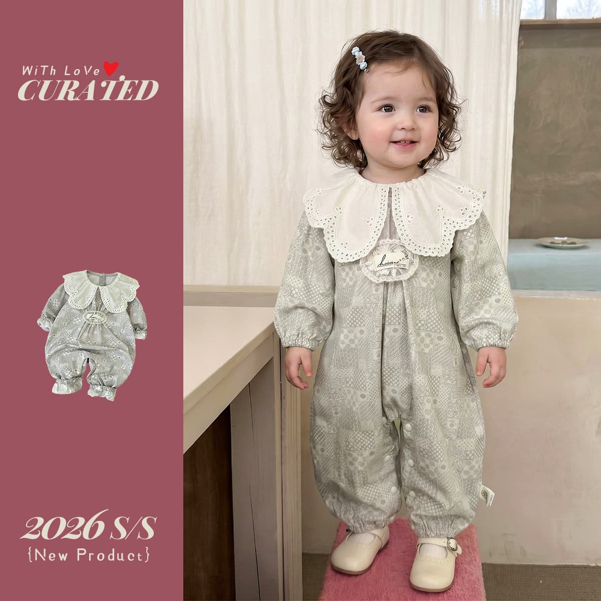 Baby sweet jumpsuit early autumn new French style doll collar long-sleeved robe small month old baby autumn crawling suit