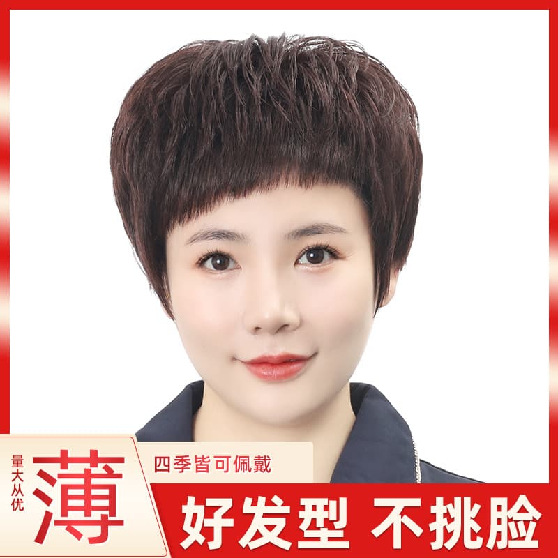 Xuchang Real Human Hair Full Wig Cap Mother Style Fluffy Short Wig for Women Middle-Aged Real Human Hair Wig