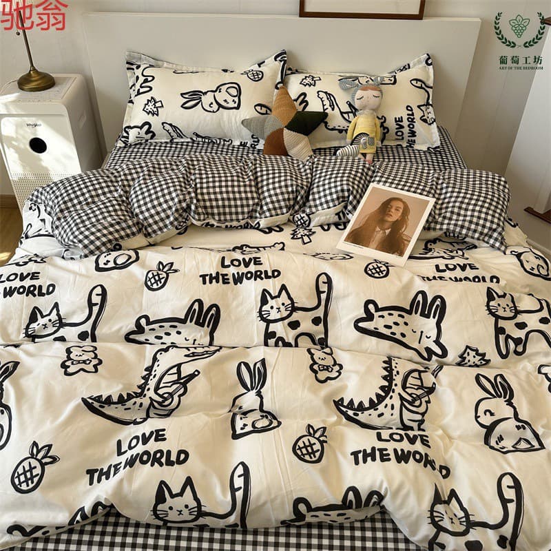 Ins-style Black and White Graffiti Cartoon Cute Animals Washed Cotton Bed Sheet Duvet Cover Set 4-Piece Student Dormitory 3-Piece Set