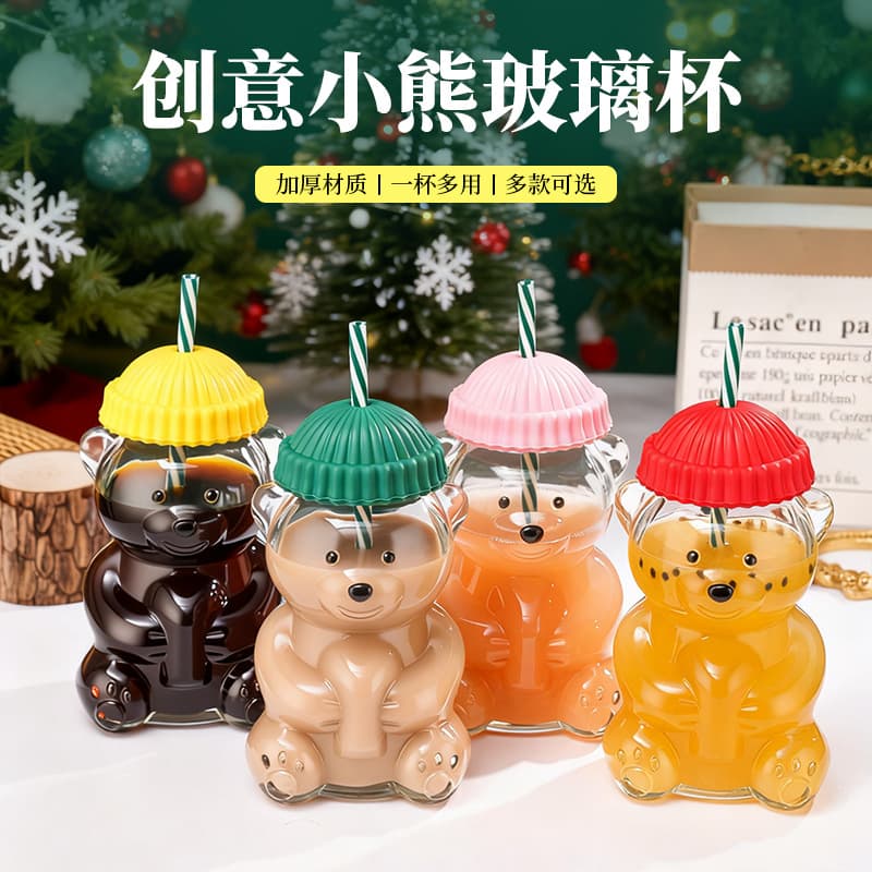 Bear Glass Cup New Style Internet-Famous High-Appearance Water Cup Cute Cartoon Milk Beverage Straw Cup Bear Christmas Cup