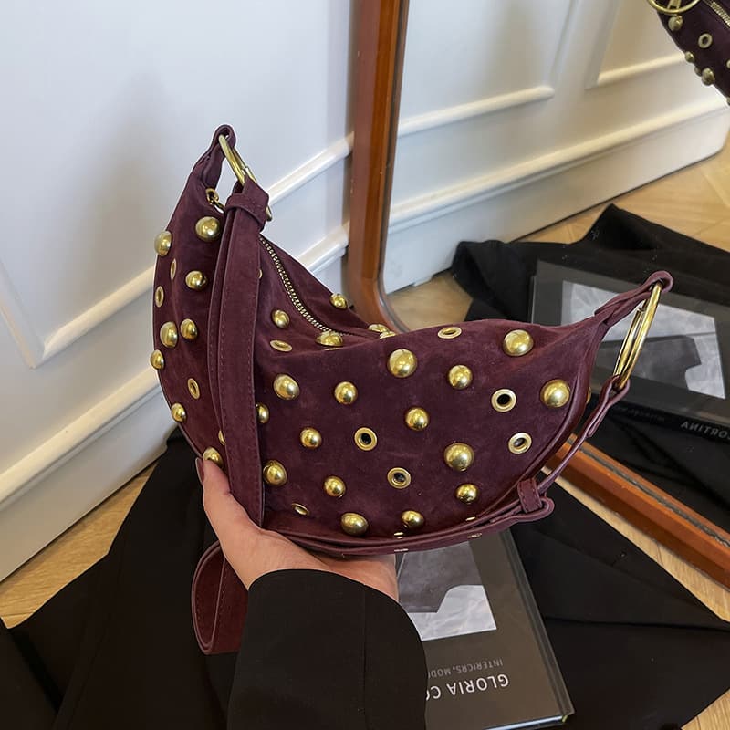 Women's new suede shoulder bag cross-border European and American style niche rivet motorcycle bag women's cross-body dumpling bag