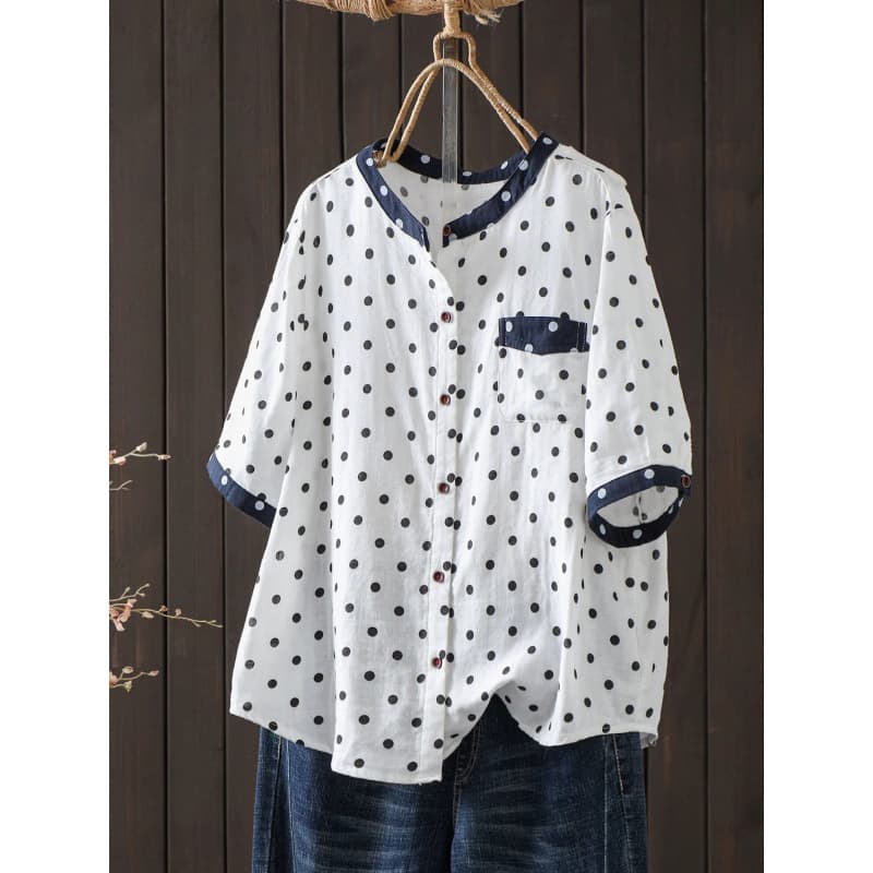 2026 Plus-Size Women's Cotton Double-Layer Gauze Polka Dot Printed Shirt Retro Artistic Patchwork Shirt Top for Women Summer