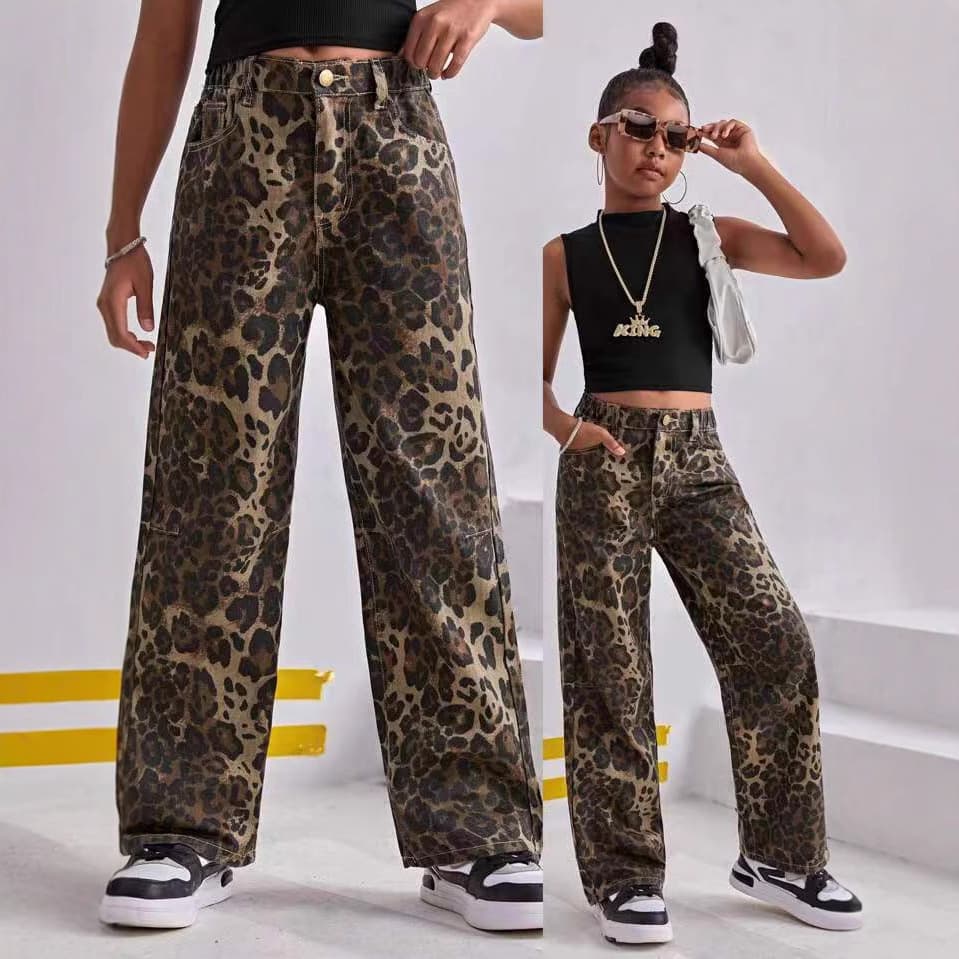 Toddler Retro Leopard Print Girl Jeans, Autumn Casual Pants, Kids Hip Hop Street Dance Straight Leg Denim Long Pants