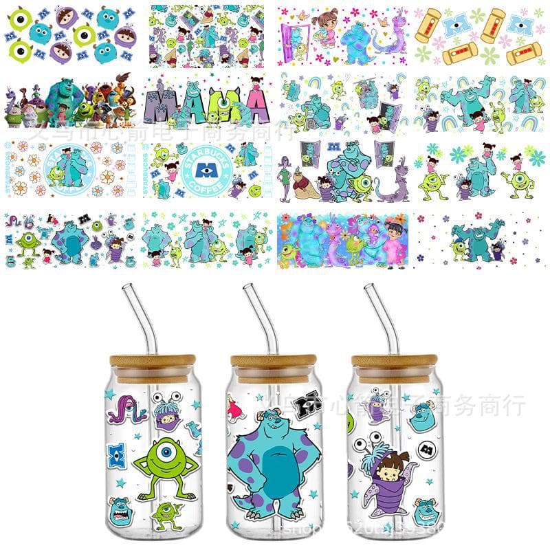 Power Monster UV DTF Crystal Clear Sticker Cute Cartoon Pattern 16oz Glass Cup Waterproof Scratch Resistant