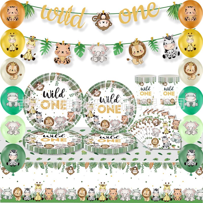 New Forest Animal Party Theme Disposable Cutlery Set Paper Plate Tablecloth Wild One Birthday Party Decorations